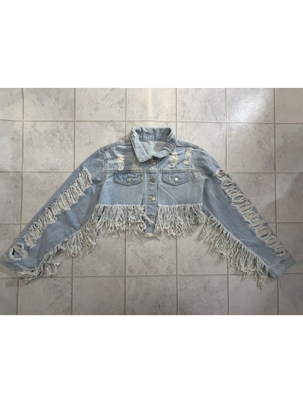 Shein light wash fringe denim jacket